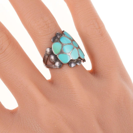 sz7 Vintage Dishta Style Zuni sterling and turquoise flush inlay ring - Estate Fresh Austin