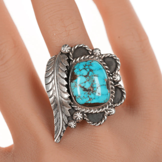 sz7 Vintage Native American silver and turquoiise feather ring - Estate Fresh Austin