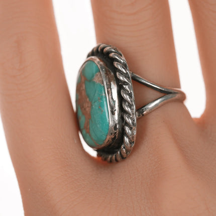 sz7 Vintage Navajo silver and turquoise ring with rope border - Estate Fresh Austin