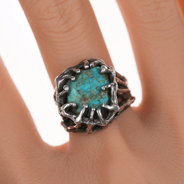 sz7 Vintage Southwestern Sterling Brutalist turquoise ring - Estate Fresh Austin