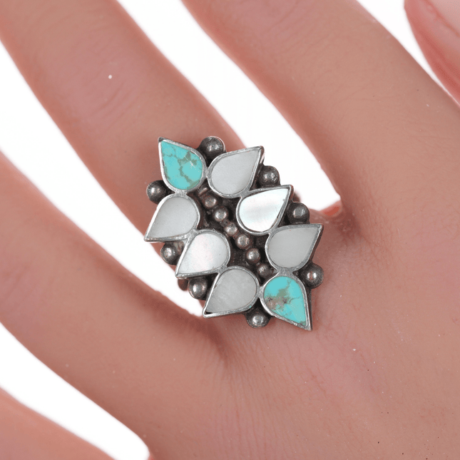 sz7 Zuni Flush inlay silver, turquoise and shell ring - Estate Fresh Austin