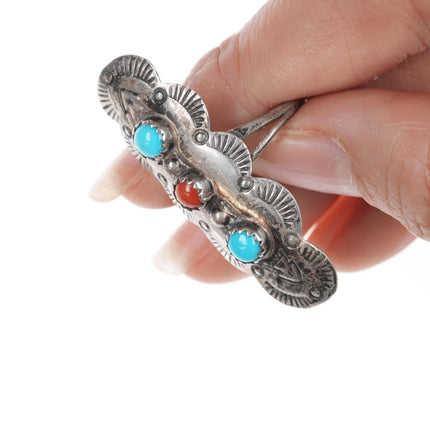 sz7.25 70's-80's R Native American silver, turquoise, and coral ring - Estate Fresh Austin
