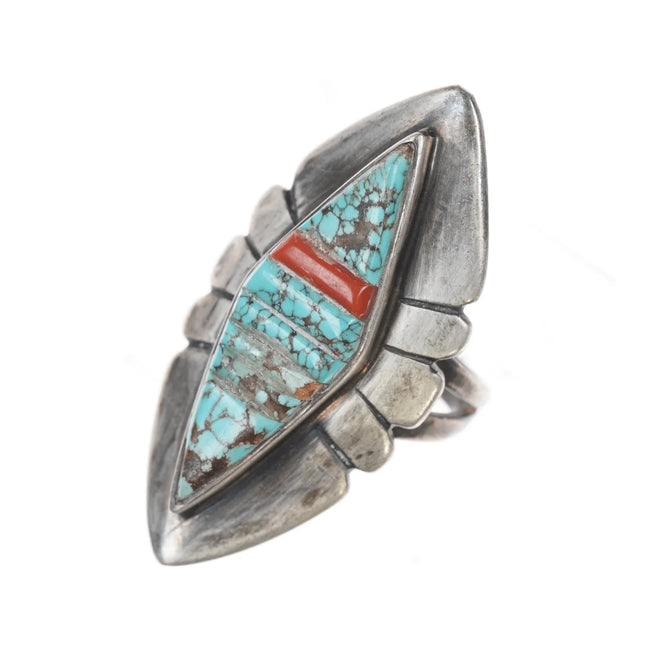 sz7.25 GL Vintage Native American silver spiderweb turquoise and coral ring - Estate Fresh Austin