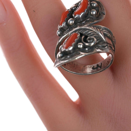 sz7.5 Adjustable Navajo silver and coral ring - Estate Fresh Austin