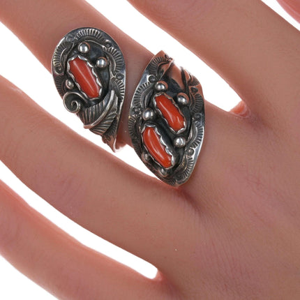 sz7.5 Adjustable Navajo silver and coral ring - Estate Fresh Austin