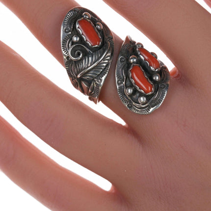 sz7.5 Adjustable Navajo silver and coral ring - Estate Fresh Austin