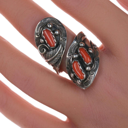 sz7.5 Adjustable Navajo silver and coral ring - Estate Fresh Austin