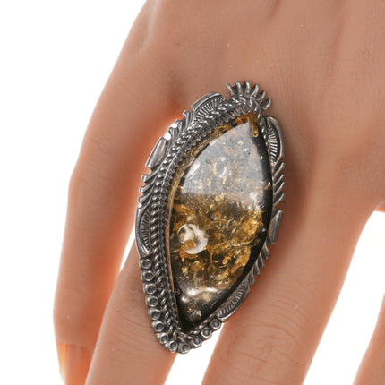 sz7.5 Large Vintage Garrison Boyd Navajo silver and amber ring - Estate Fresh Austin