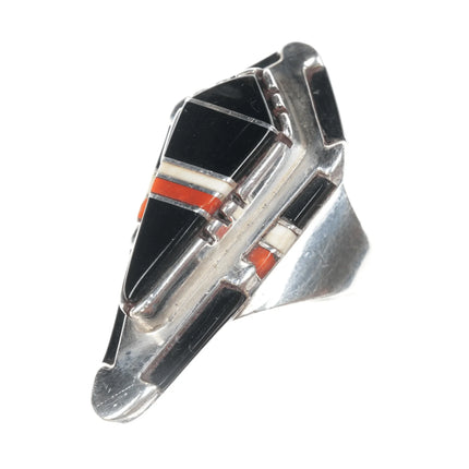 sz7.5 Leo Yazzie Black Jade and coral channel inlay sterling ring - Estate Fresh Austin