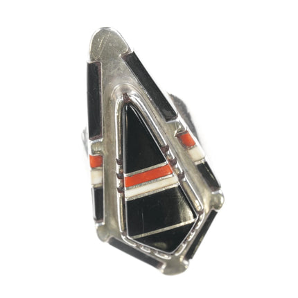 sz7.5 Leo Yazzie Black Jade and coral channel inlay sterling ring - Estate Fresh Austin