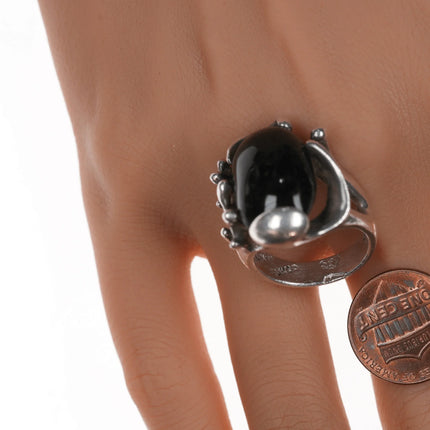 sz7.5 Taxco Eagle Mark Vintage Silver Black Cat's Eye Brutalist ring - Estate Fresh Austin