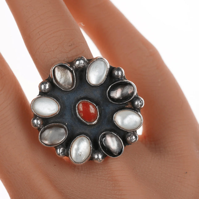 sz7.5 Vintage Native American Coral and multi-color shell cluster ring - Estate Fresh Austin