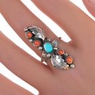 sz7.5 Zuni silver turquoise, and coral 5 stone long ring - Estate Fresh Austin