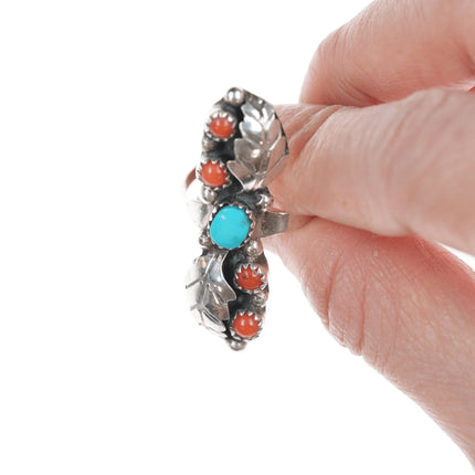 sz7.5 Zuni silver turquoise, and coral 5 stone long ring - Estate Fresh Austin