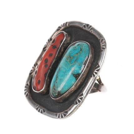 sz7.75 60's-70's Navajo silver, turquoise, and coral ring - Estate Fresh Austin