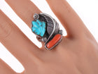 sz7.75 Felicita Eustace Cochiti pueblo sterling coral/carved turquoise ring - Estate Fresh Austin
