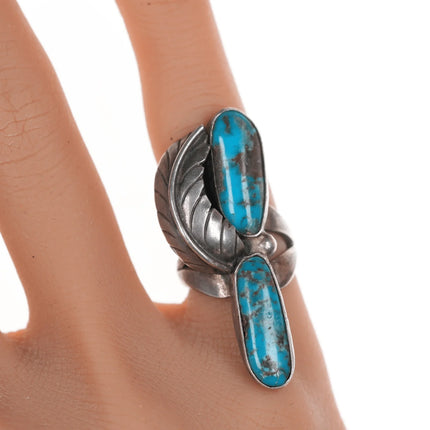 sz7.75 Vintage Native American silver blossom ring with double turquoise - Estate Fresh Austin