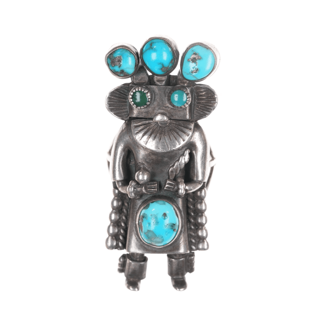 sz8 40's - 50's Native American silver and turquoise Kachina ring - Estate Fresh Austin