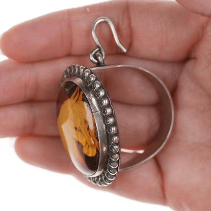 sz8 Art Tafoya Yaqui Reverse Carved Amber Ring, Earrings, and scarf slide/pendant Sterling - Estate Fresh Austin