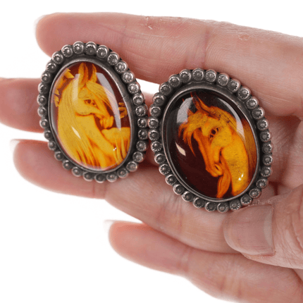 sz8 Art Tafoya Yaqui Reverse Carved Amber Ring, Earrings, and scarf slide/pendant Sterling - Estate Fresh Austin