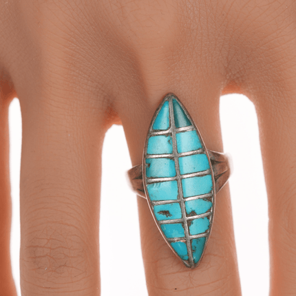 sz8 c1940's Zuni Turquoise channel inlay silver ring - Estate Fresh Austin