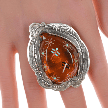 sz8 Native American Heavy stamped silver Carved/inlaid Amber turtle ring - Estate Fresh Austin