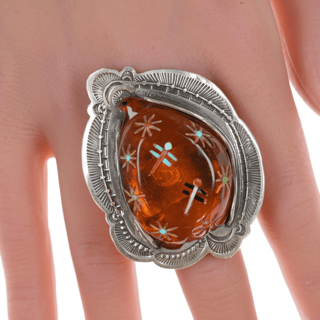 sz8 Native American Heavy stamped silver Carved/inlaid Amber turtle ring - Estate Fresh Austin