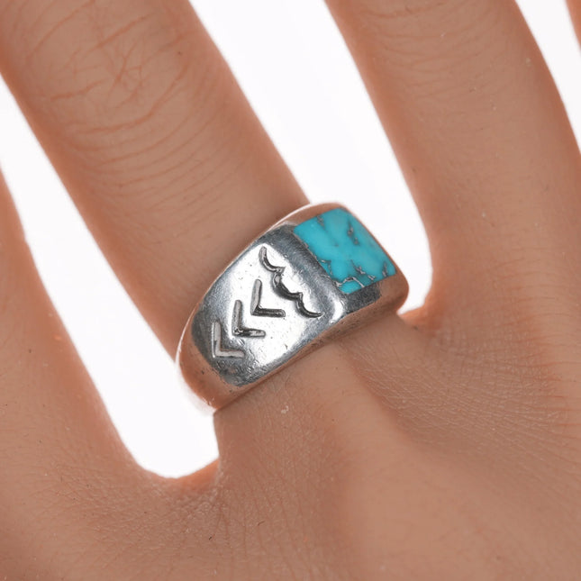 sz8 Vintage Native American silver flush inlay turquoise ring - Estate Fresh Austin