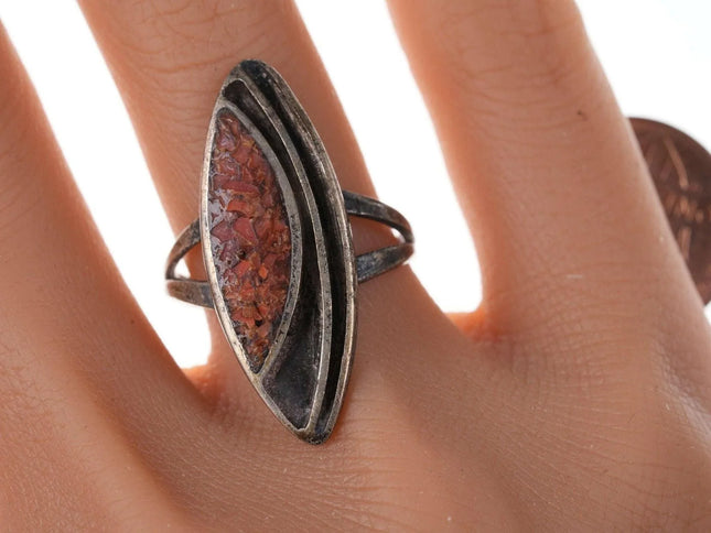 sz8 Vintage Native American Sterling and coral chip inlay ring - Estate Fresh Austin