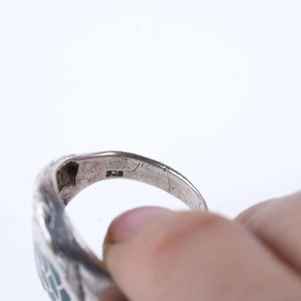 Sz8 Vintage Southwestern Sterling Chip inlay eagle biker ring - Estate Fresh Austin