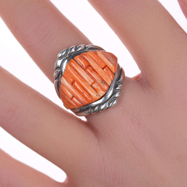 sz8 Vintage spiny oyster cobblestone inlay sterling Native American ring - Estate Fresh Austin