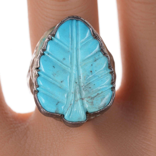 sz8 Zuni Carved turquoise silver leaf ring - Estate Fresh Austin