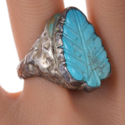 sz8 Zuni Carved turquoise silver leaf ring - Estate Fresh Austin