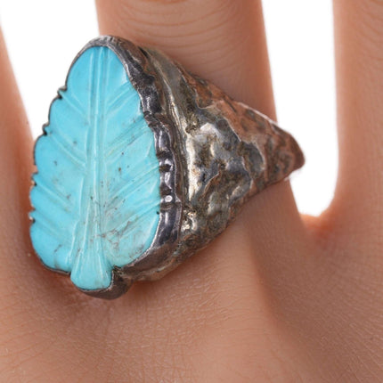 sz8 Zuni Carved turquoise silver leaf ring - Estate Fresh Austin