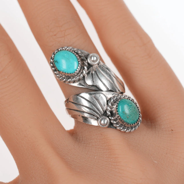 sz8.5 Adjustable Vintage Native American silver ring with two turquoise - Estate Fresh Austin