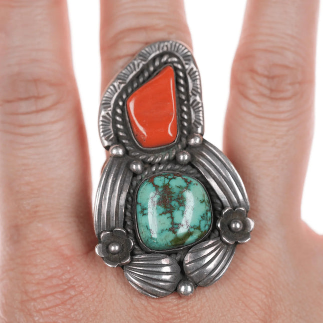 sz8.5 Large Benny Sandoval Native American silver, turquoise, and coral blossom ring - Estate Fresh Austin