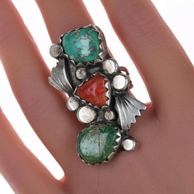 sz8.5 Large Vintage Zuni silver turquoise and coral ring - Estate Fresh Austin
