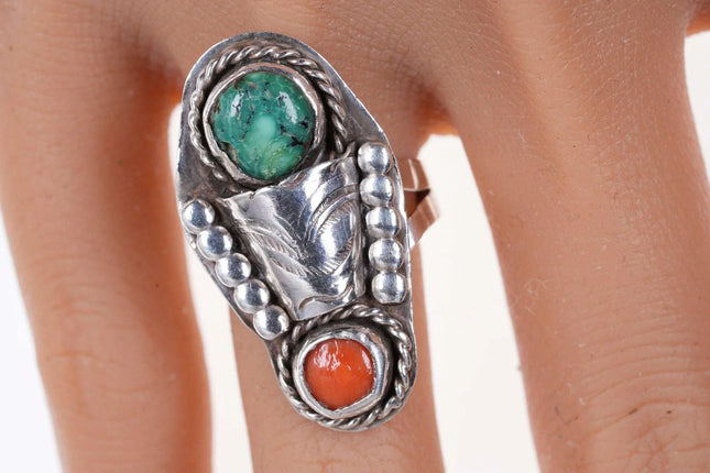 sz8.5 Vintage Navajo Sterling, Coral, and turquoise ring - Estate Fresh Austin