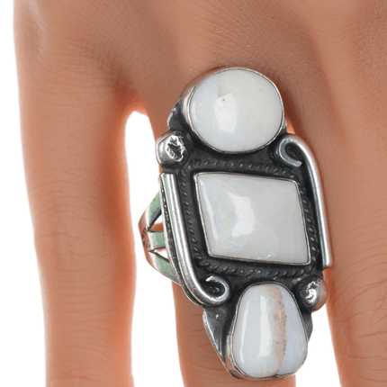 sz8.75 Chief Wolf Robe Hunt (1905 - 1977) Acoma silver and natural opal ring - Estate Fresh Austin