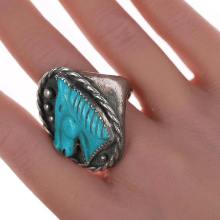 sz8.75 Vintage Navajo silver Carved horse head turquoise ring - Estate Fresh Austin