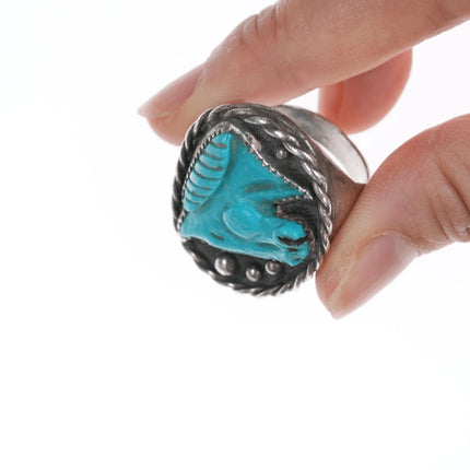 sz8.75 Vintage Navajo silver Carved horse head turquoise ring - Estate Fresh Austin