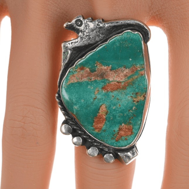 sz9 Chief Wolf Robe Hunt (1905 - 1977) Acoma silver large turquoise reptile/foot shaped ring - Estate Fresh Austin