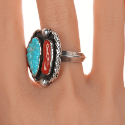 sz9 DH 1976 Native American silver, carved turquoise and coral ring - Estate Fresh Austin