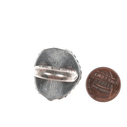 sz9 DH 1976 Native American silver, carved turquoise and coral ring - Estate Fresh Austin