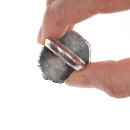 sz9 DH 1976 Native American silver, carved turquoise and coral ring - Estate Fresh Austin