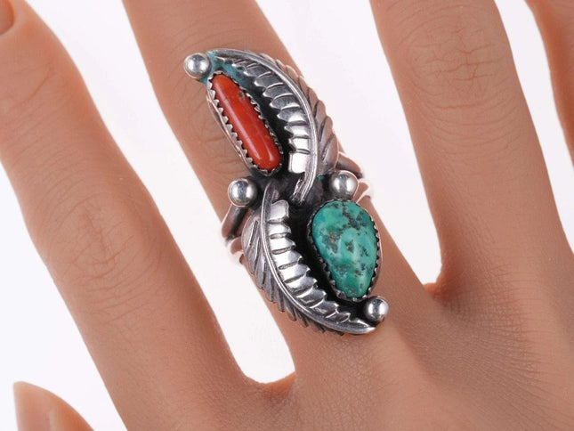sz9 Large Vintage Navajo sterling turquoise and coral ring - Estate Fresh Austin