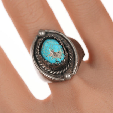 sz9 Vintage Native American silver ring with turquoise and rope edge - Estate Fresh Austin