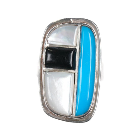 Sz9 Vintage Native American sterling turquoise, shell, and jet cobblestone ring - Estate Fresh Austin