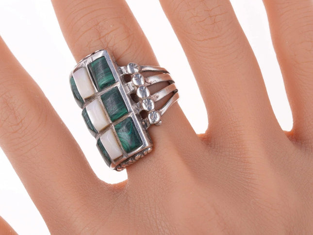sz9.25 Vintage Zuni malachite and shell channel inlay sterling ring - Estate Fresh Austin