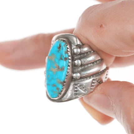 sz9.5 Native American silver and turquoise cast and stamped ring - Estate Fresh Austin